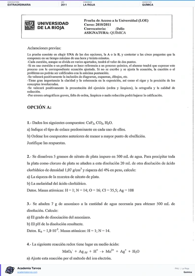 Vista previa de Examen PAU de Química de La Rioja 2011 – Extraordinaria