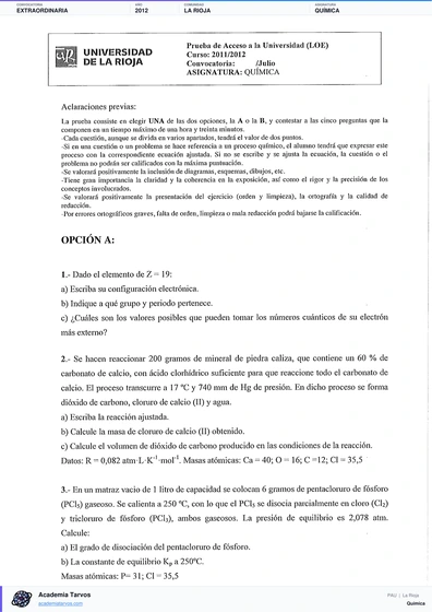 Vista previa de Examen PAU de Química de La Rioja 2012 – Extraordinaria