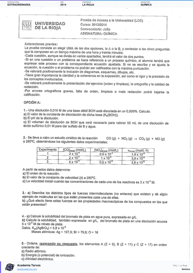 Vista previa de Examen PAU de Química de La Rioja 2014 – Extraordinaria