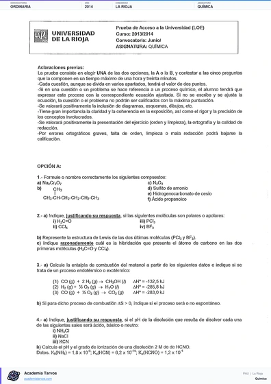 Vista previa de Examen PAU de Química de La Rioja 2014 – Ordinaria