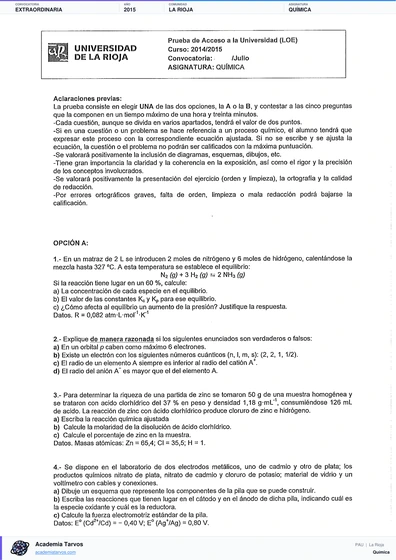 Vista previa de Examen PAU de Química de La Rioja 2015 – Extraordinaria