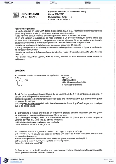 Vista previa de Examen PAU de Química de La Rioja 2015 – Ordinaria
