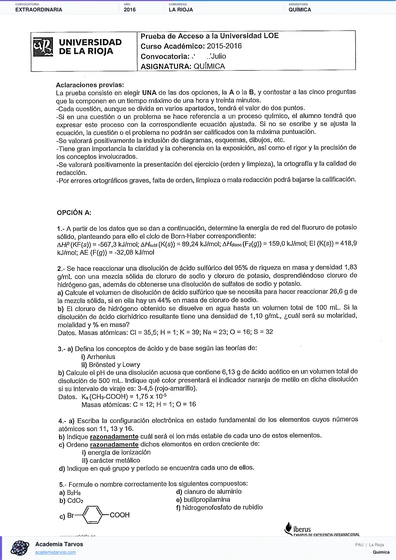 Vista previa de Examen PAU de Química de La Rioja 2016 – Extraordinaria