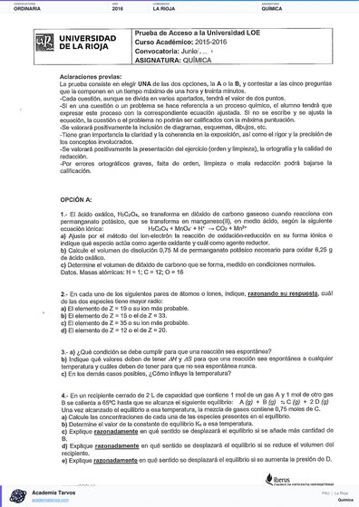 Vista previa de Examen PAU de Química de La Rioja 2016 – Ordinaria