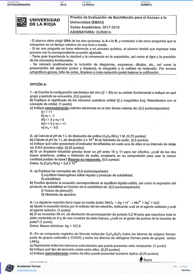 Vista previa de Examen PAU de Química de La Rioja 2018 – Extraordinaria