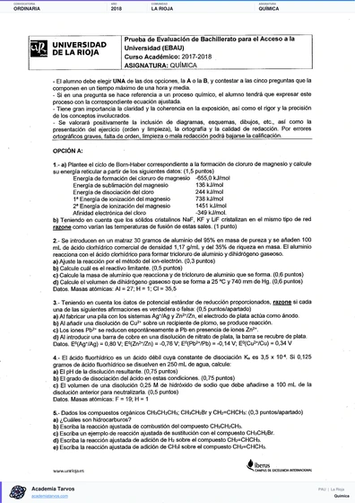 Vista previa de Examen PAU de Química de La Rioja 2018 – Ordinaria