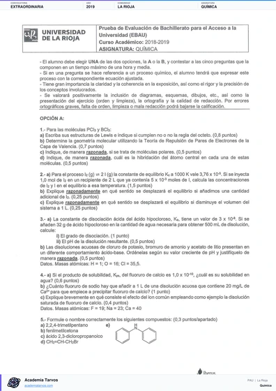 Vista previa de Examen PAU de Química de La Rioja 2019 – Extraordinaria
