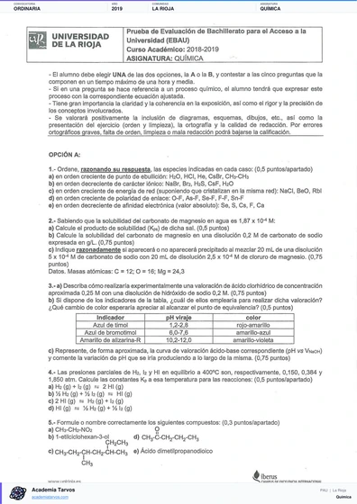 Vista previa de Examen PAU de Química de La Rioja 2019 – Ordinaria