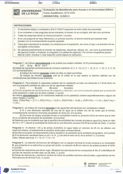 Vista previa de Examen PAU de Química de La Rioja 2020 – Extraordinaria
