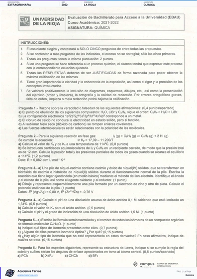 Vista previa de Examen PAU de Química de La Rioja 2022 – Extraordinaria