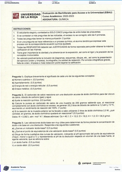 Vista previa de Examen PAU de Química de La Rioja 2023 – Extraordinaria