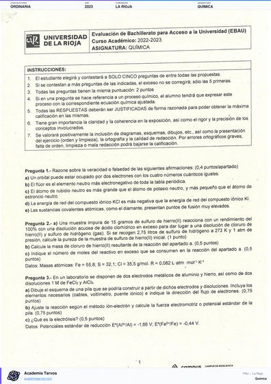 Vista previa de Examen PAU de Química de La Rioja 2023 – Ordinaria