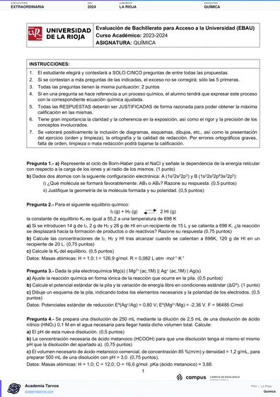 Vista previa de Examen PAU de Química de La Rioja 2024 – Extraordinaria