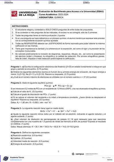 Vista previa de Examen PAU de Química de La Rioja 2024 – Ordinaria