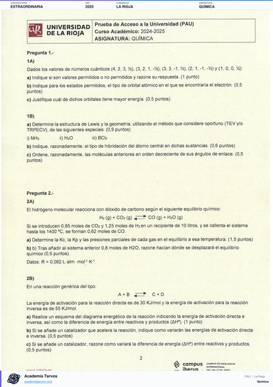 Vista previa de Examen PAU de Química de La Rioja 2025 – Extraordinaria