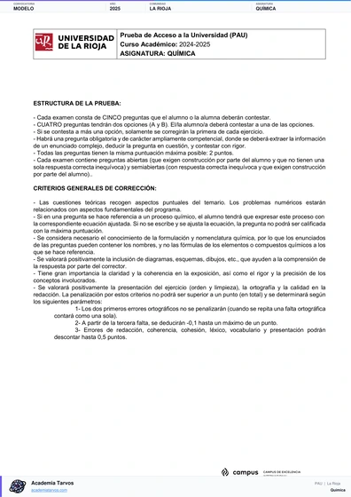 Vista previa de Modelo PAU de Química de La Rioja 2025