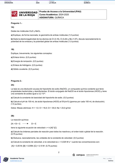 Vista previa de Examen PAU de Química de La Rioja 2025 – Ordinaria