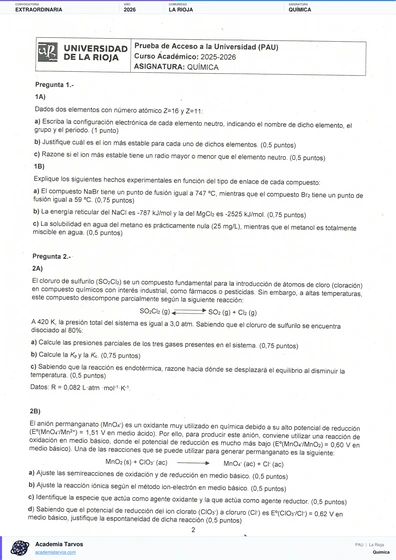 Vista previa de Examen PAU de Química de La Rioja 2026 – Extraordinaria