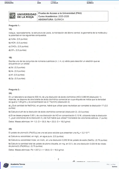 Vista previa de Examen PAU de Química de La Rioja 2026 – Ordinaria