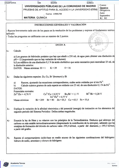Vista previa de Examen PAU de Química de Comunidad de Madrid 1999 – COU