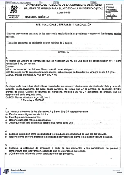 Vista previa de Examen PAU de Química de Comunidad de Madrid 1999 – Extraordinaria