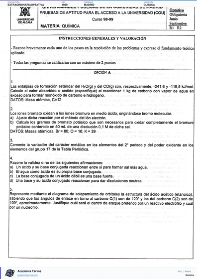 Vista previa de Examen PAU de Química de Comunidad de Madrid 1999 – Extraordinaria