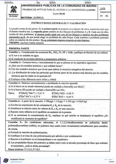 Vista previa de Examen PAU de Química de Comunidad de Madrid 1999 – Ordinaria