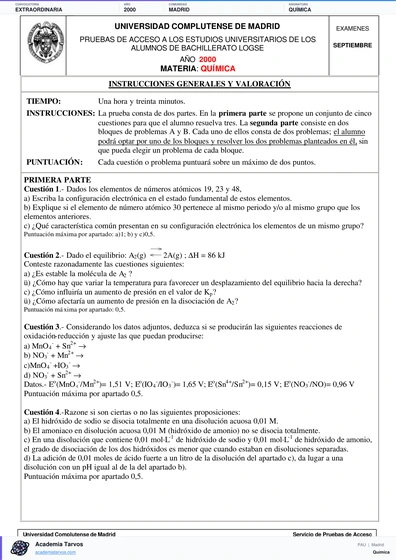 Vista previa de Examen PAU de Química de Comunidad de Madrid 2000 – Extraordinaria