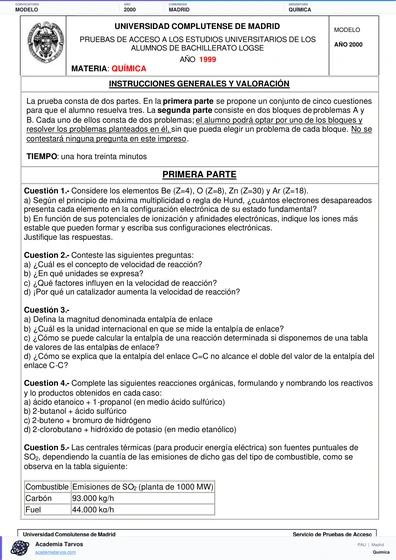 Vista previa de Modelo PAU de Química de Comunidad de Madrid 2000