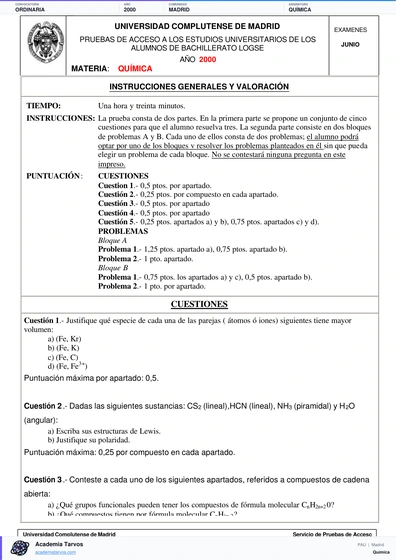 Vista previa de Examen PAU de Química de Comunidad de Madrid 2000 – Ordinaria