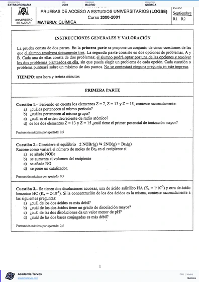 Vista previa de Examen PAU de Química de Comunidad de Madrid 2001 – Extraordinaria