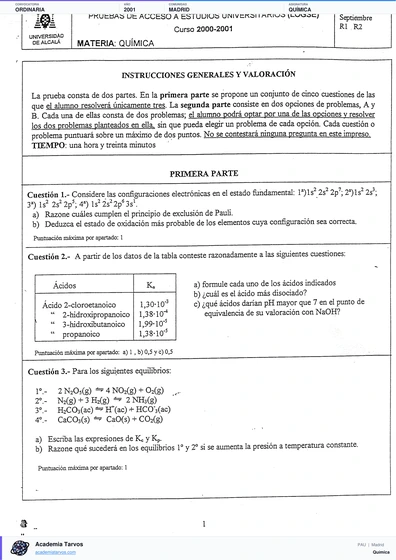 Vista previa de Examen PAU de Química de Comunidad de Madrid 2001 – Ordinaria
