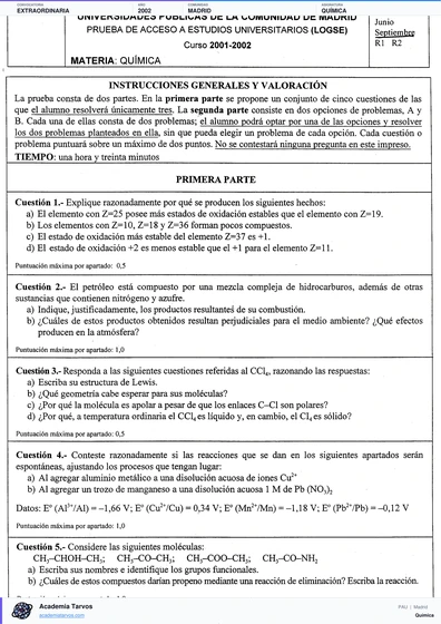 Vista previa de Examen PAU de Química de Comunidad de Madrid 2002 – Extraordinaria