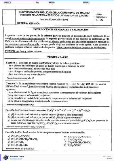 Vista previa de Modelo PAU de Química de Comunidad de Madrid 2002
