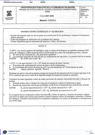 Vista previa de Examen PAU de Química de Comunidad de Madrid 2002 – Ordinaria