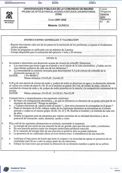 Vista previa de Examen PAU de Química de Comunidad de Madrid 2002 – Ordinaria