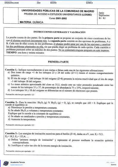 Vista previa de Examen PAU de Química de Comunidad de Madrid 2002 – Ordinaria