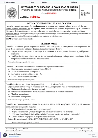 Vista previa de Examen PAU de Química de Comunidad de Madrid 2003 – Extraordinaria