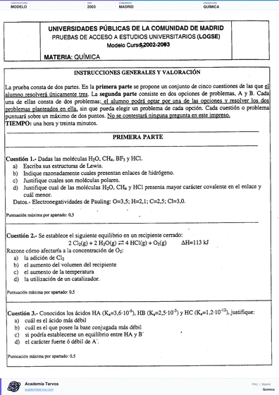 Vista previa de Modelo PAU de Química de Comunidad de Madrid 2003