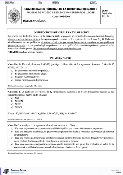Vista previa de Examen PAU de Química de Comunidad de Madrid 2003 – Ordinaria