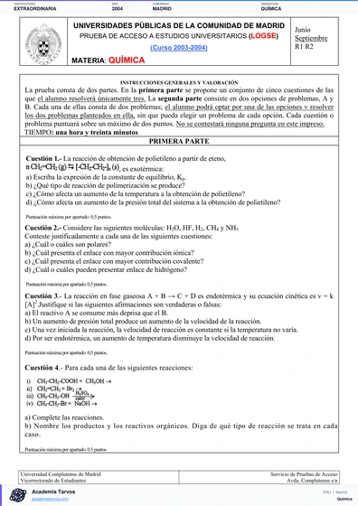 Vista previa de Examen PAU de Química de Comunidad de Madrid 2004 – Extraordinaria