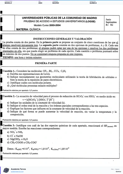 Vista previa de Modelo PAU de Química de Comunidad de Madrid 2004