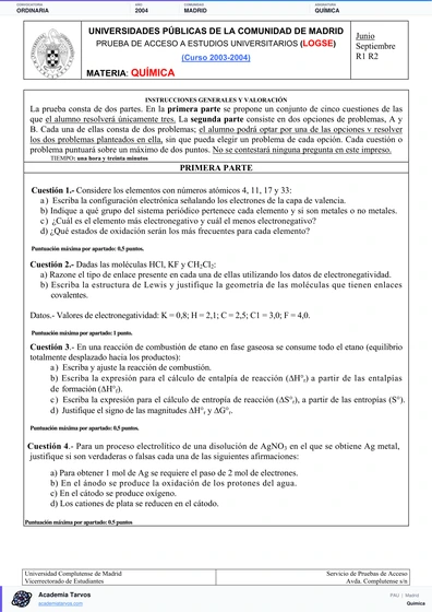 Vista previa de Examen PAU de Química de Comunidad de Madrid 2004 – Ordinaria