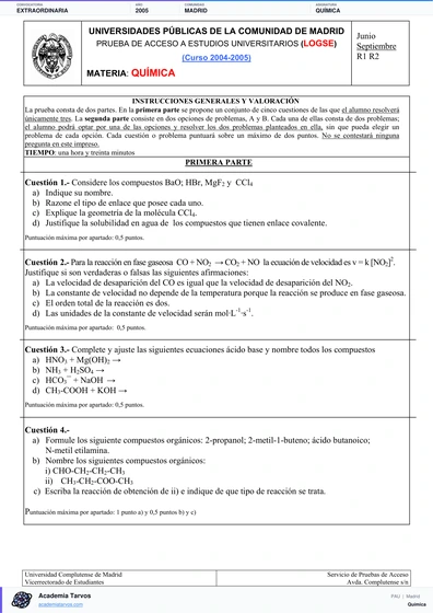 Vista previa de Examen PAU de Química de Comunidad de Madrid 2005 – Extraordinaria