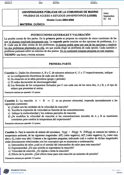 Vista previa de Modelo PAU de Química de Comunidad de Madrid 2005