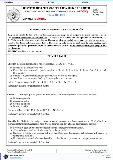 Vista previa de Examen PAU de Química de Comunidad de Madrid 2005 – Ordinaria