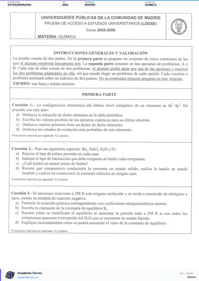 Vista previa de Examen PAU de Química de Comunidad de Madrid 2006 – Extraordinaria