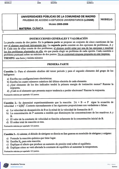 Vista previa de Modelo PAU de Química de Comunidad de Madrid 2006