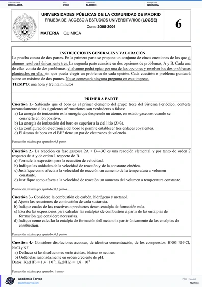 Vista previa de Examen PAU de Química de Comunidad de Madrid 2006 – Ordinaria