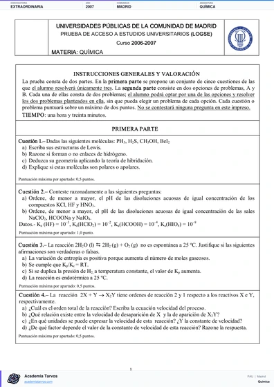 Vista previa de Examen PAU de Química de Comunidad de Madrid 2007 – Extraordinaria